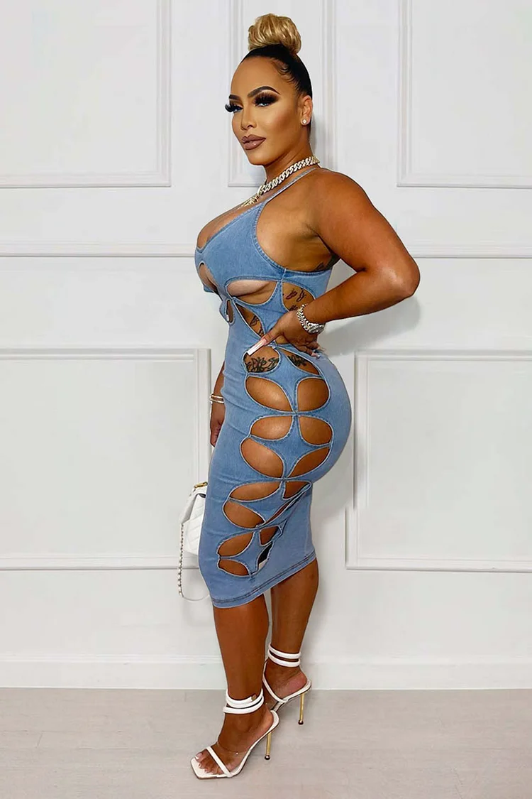 Cut Out Party Bodycon Denim Mini Slip Dresses-Blue