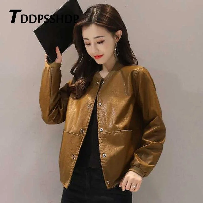 Short 2019 Spring New Loose Pu Leather Jacket Black Red Caramel Brown Color Female Coat