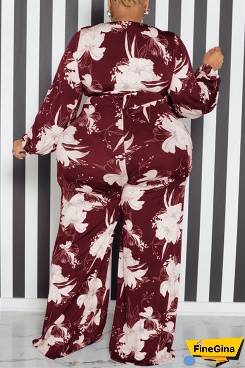 Yellow Casual Print Patchwork V Neck Plus Size Jumpsuits