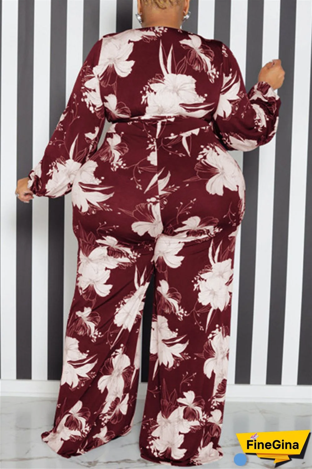 Yellow Casual Print Patchwork V Neck Plus Size Jumpsuits