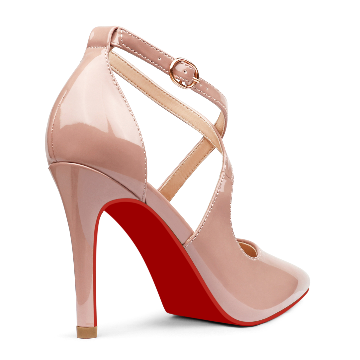 95mm Women's Pointed Toe Cross Strap Heels Red Bottoms Pumps Shoes-vocosishoes