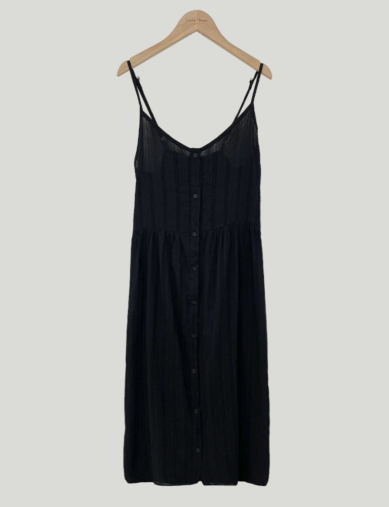 Llyge V-neck Single breasted Hollow Lace Midi Sling Dress llyge