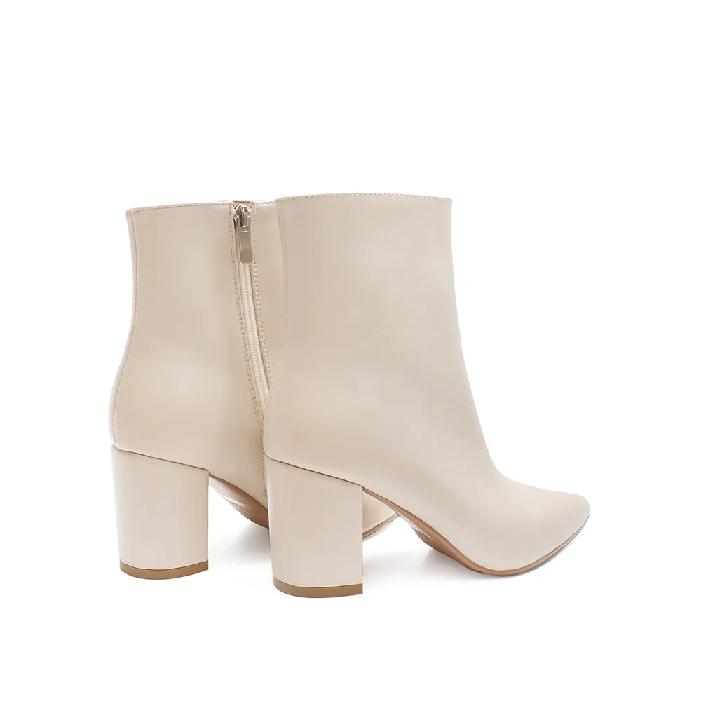 75mm Women's Zipper Pointed Toe Chunky Block Heel Ankle Boots Off White-MERUMOTE
