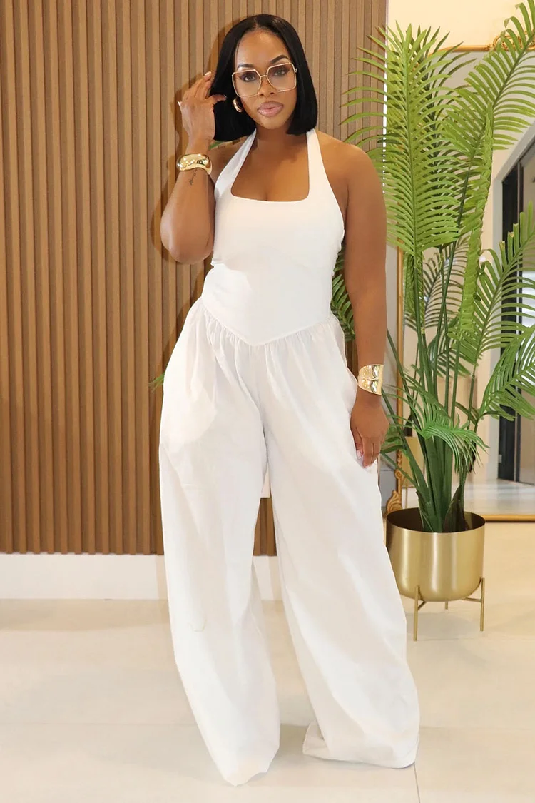Halter Square Neck Backless Top Wide Leg Pants Jumpsuits-White [Pre Order]