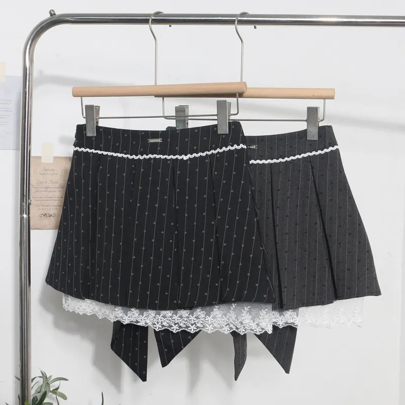 Churchf Real Shooting Leg Long Skirt Love Print Splicing Lace A Word 100 Folds Thin Bow Half-Dress Skirt 9339