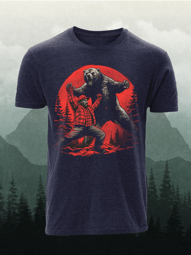 A man is fighting with a bear on the forest Men's Short-Sleeved Shirt in  mildstyles