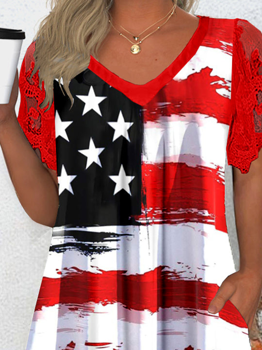 Women's Short Sleeve V-neck Graphic Lace Pockets Tops