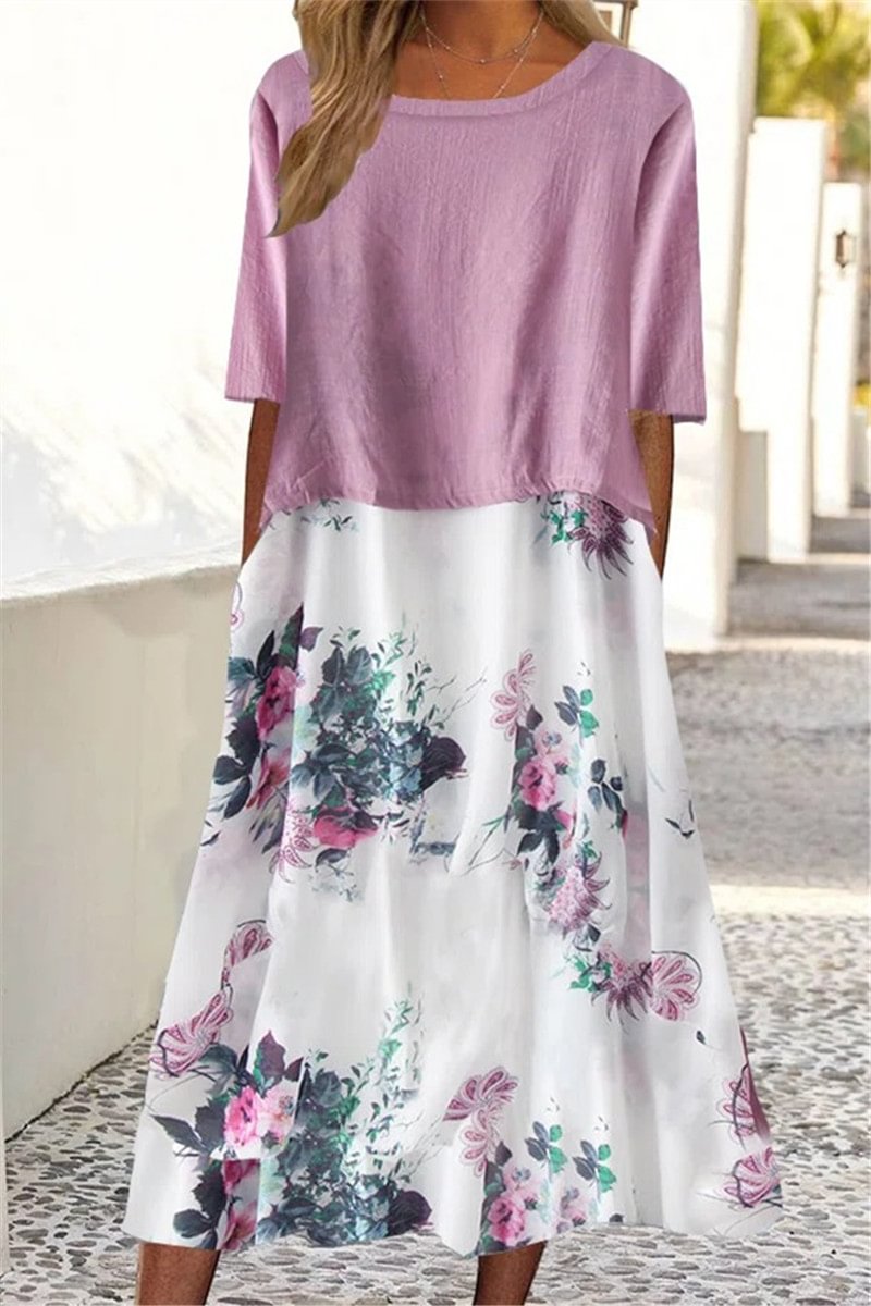 Plus Size Floral Print Round Neck Half Sleeve Casual Midi Dress