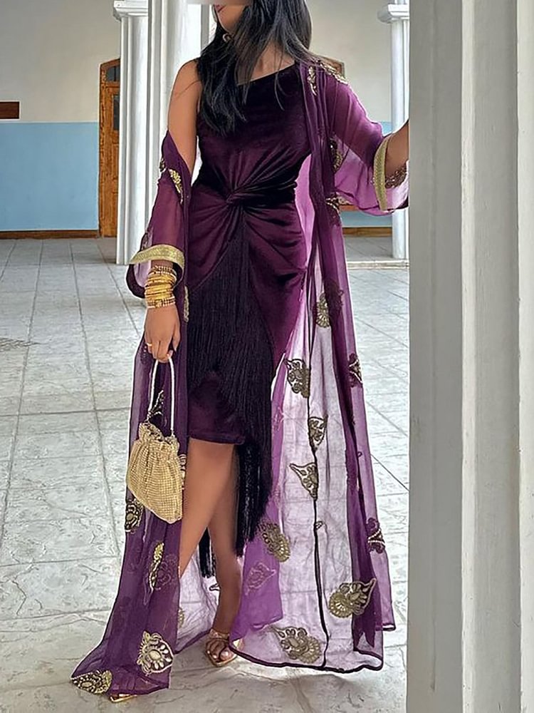 Oblique Shoulder Tassel Velvet Dress and Outerwear