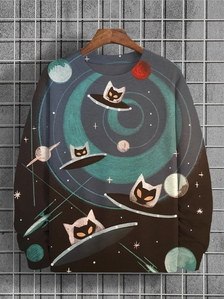 Men's Spaceship Cat Art Print Casual Sweatshirt