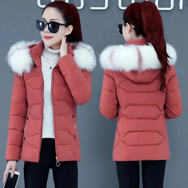 New Big Fur Hooded Jacket 2021 Woman Parkas Cotton Casual Winter Coat Female Down Cotton Padded Parka Winter Jacket Female Hiver