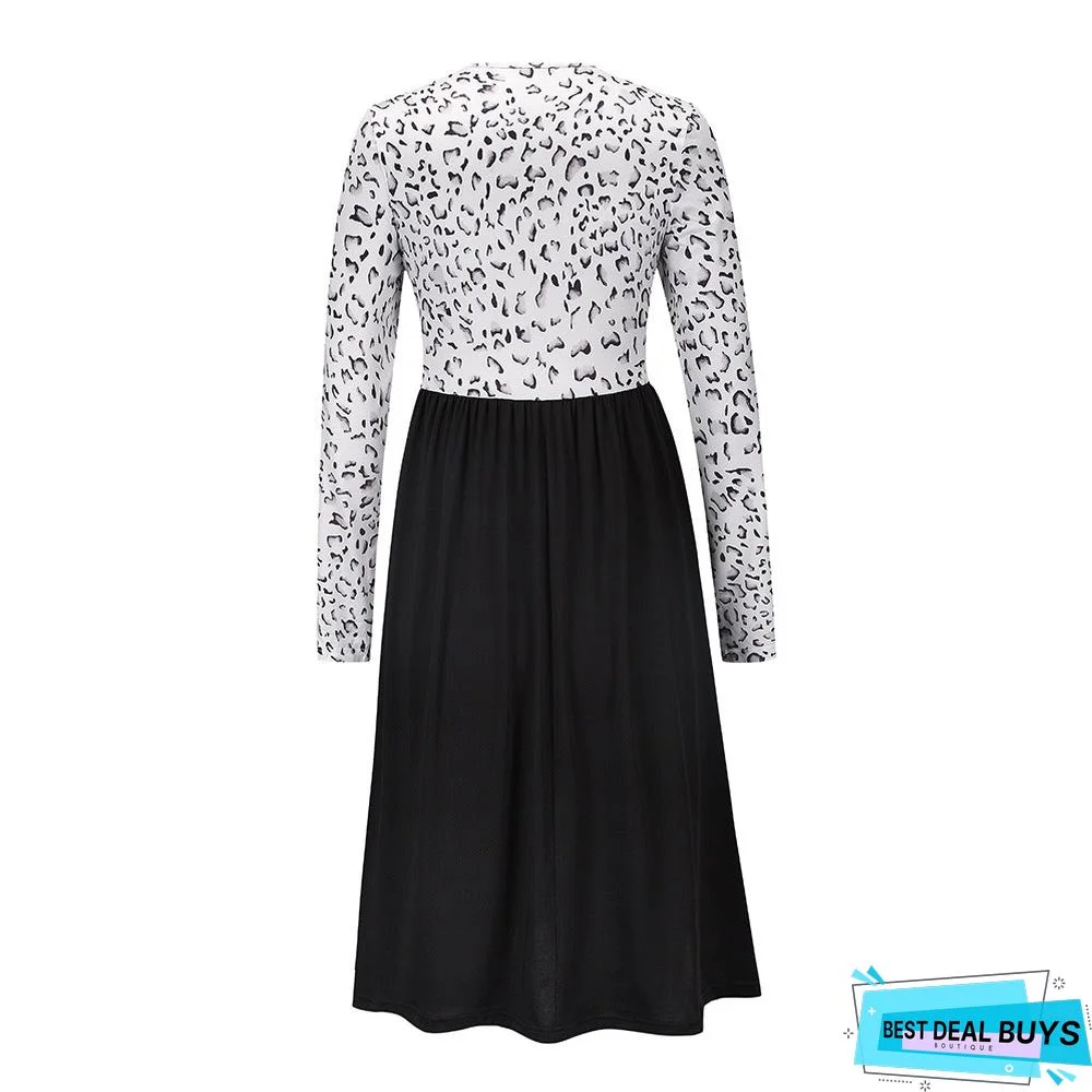 Leopard Stitched Long Sleeve Dress New Knitted Skirt In Autumn and Winter Black Dresses