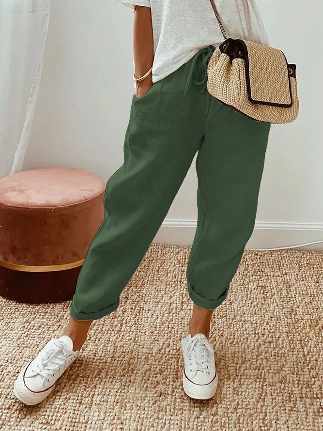 VChics Solid Color Insert Pocket Drawstring Casual Pants
