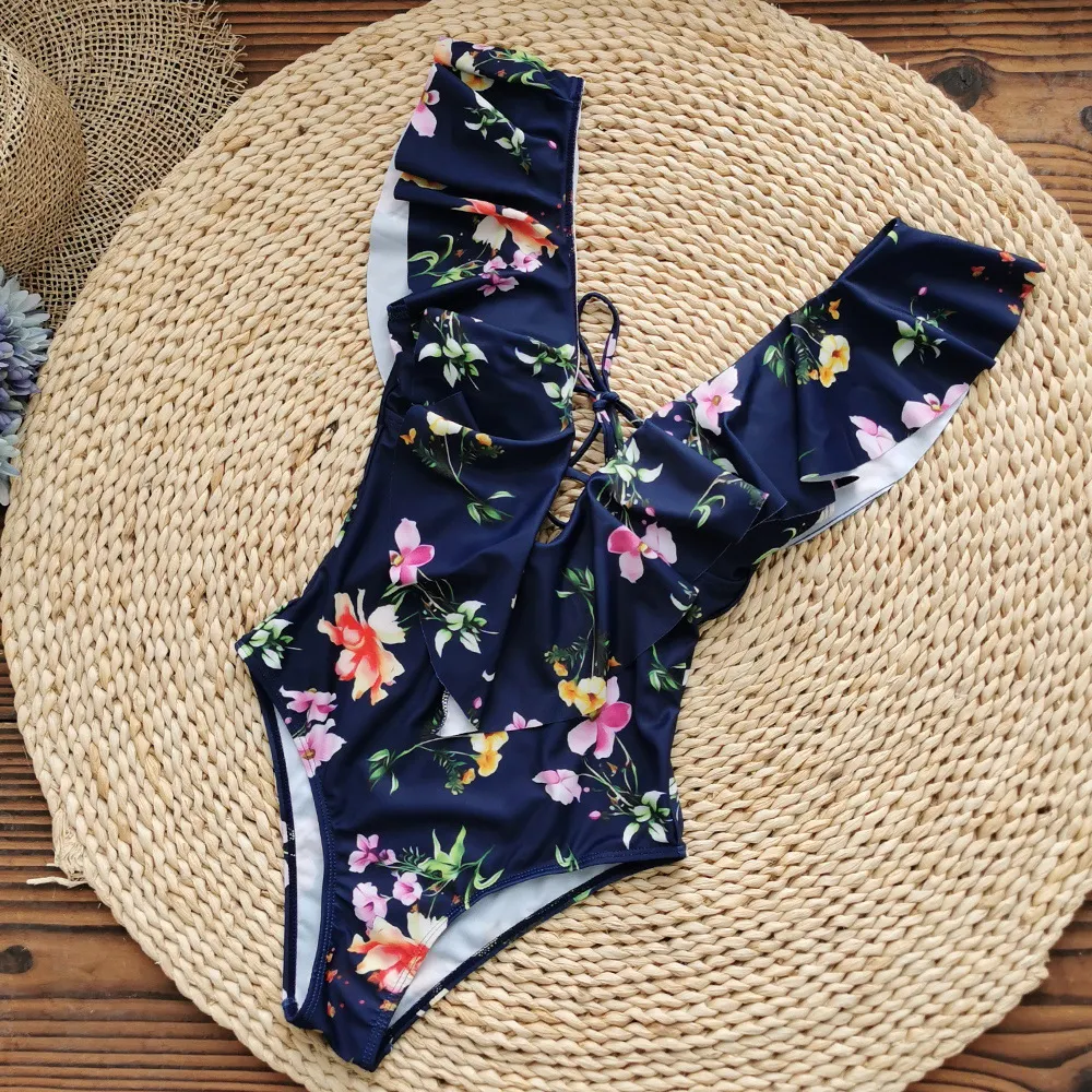 Brownm Printed Flowers Even Lotus Leaf Side Body Swimsuit Women 2025 New Swimsuit Bare Back