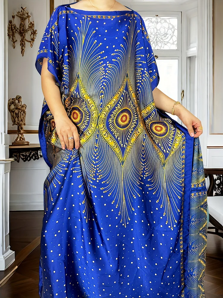 Plus Size Geometric Wonder - Flowy Maxi Kaftan Dress With Crew Neck & Batwing Sleeves - Curvy Friendly, Elegant Clothing