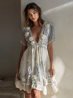 Women's Vintage White Rose Gradient Pattern Linen V-neck Dress