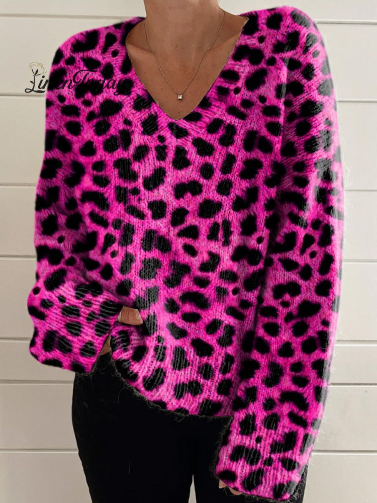 Black And Pink Hot Leopard Print Pattern Printed Women&rsquo;s Casual V-Neck Pullover Knit Multicolor / M