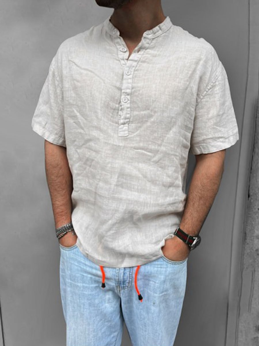 Men's Holiday Casual White Cotton and Linen Shirt