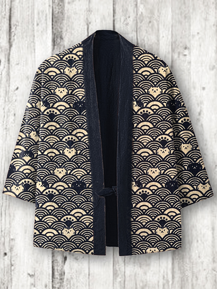 Vintage Japanese Cats Print Cozy Linen Blend Kimono Cardigan