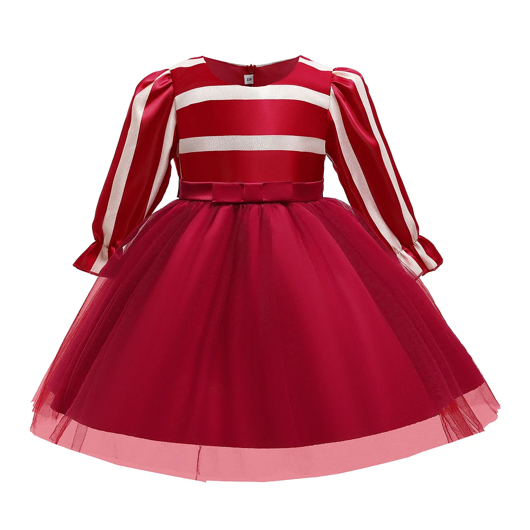 Spring Princess Dress for Girls: Red Striped Long Sleeve Formal Dress with Mesh Skirt
