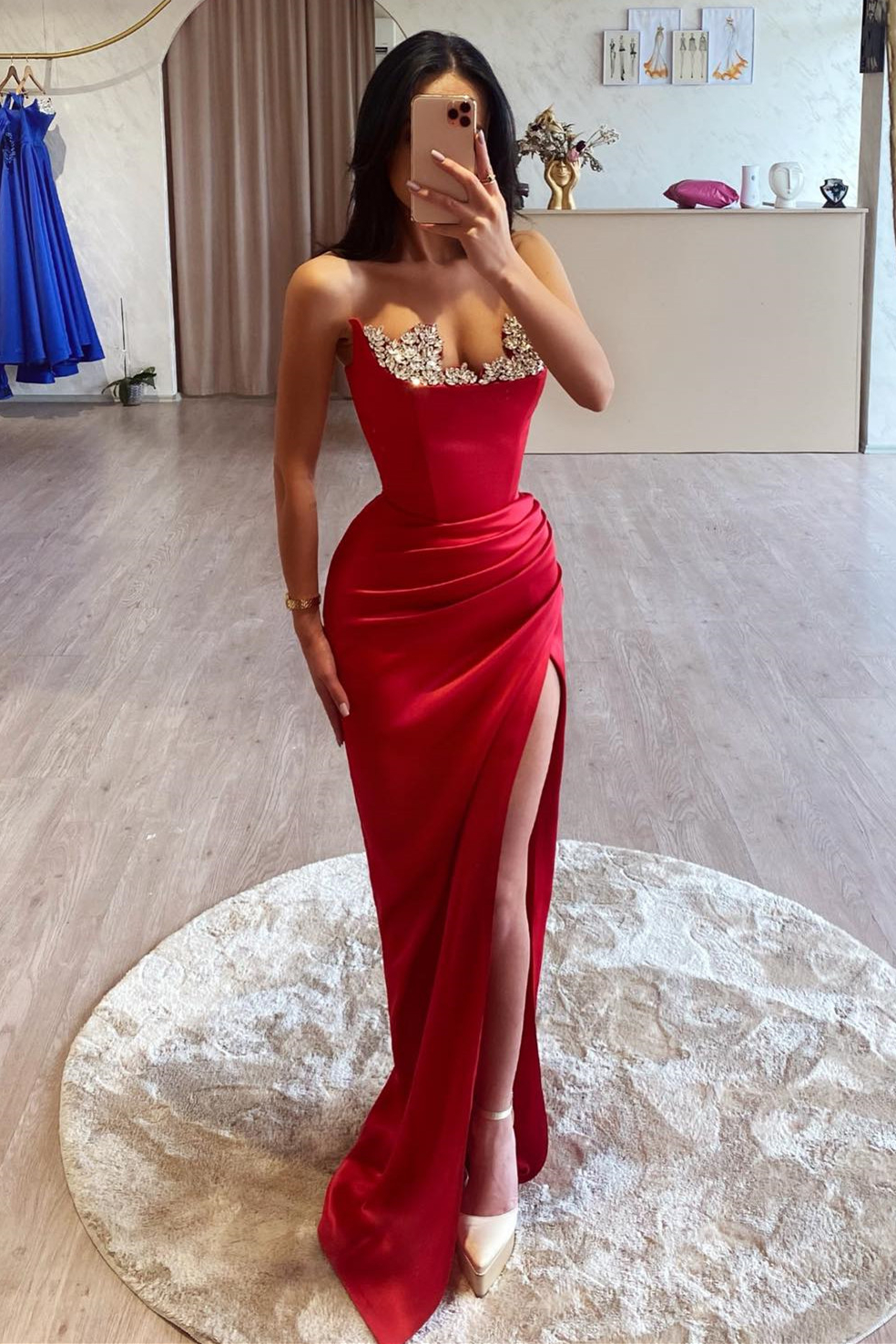 Bellasprom Red Sweetheart Sleeveless Mermaid Prom Dress With Split Crystals Long Bellasprom