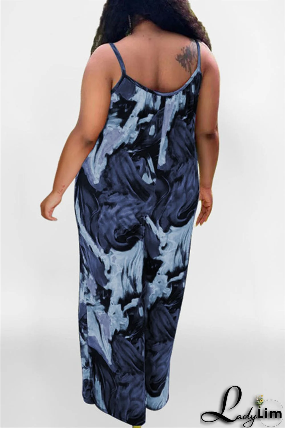 Coffee Sexy Casual Print Backless Spaghetti Strap Plus Size Jumpsuits