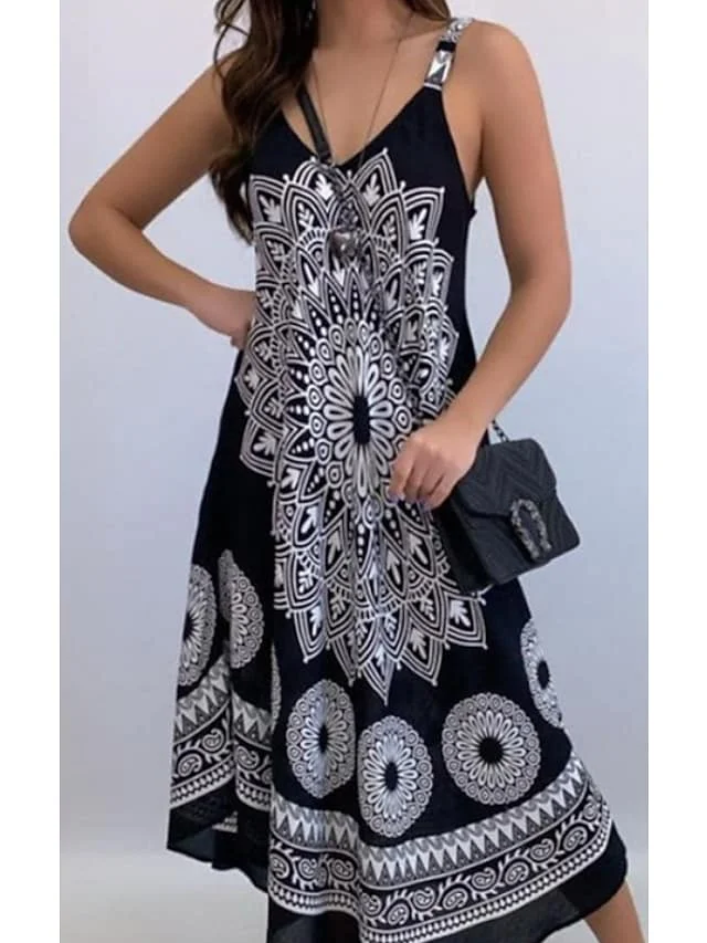 Women's Strap Dress Midi Dress Black Blue Purple Red Fuchsia Green Sleeveless Print Color Block Patchwork Print Fall Summer Cold Shoulder Casual 2021 S M L XL XXL 3XL