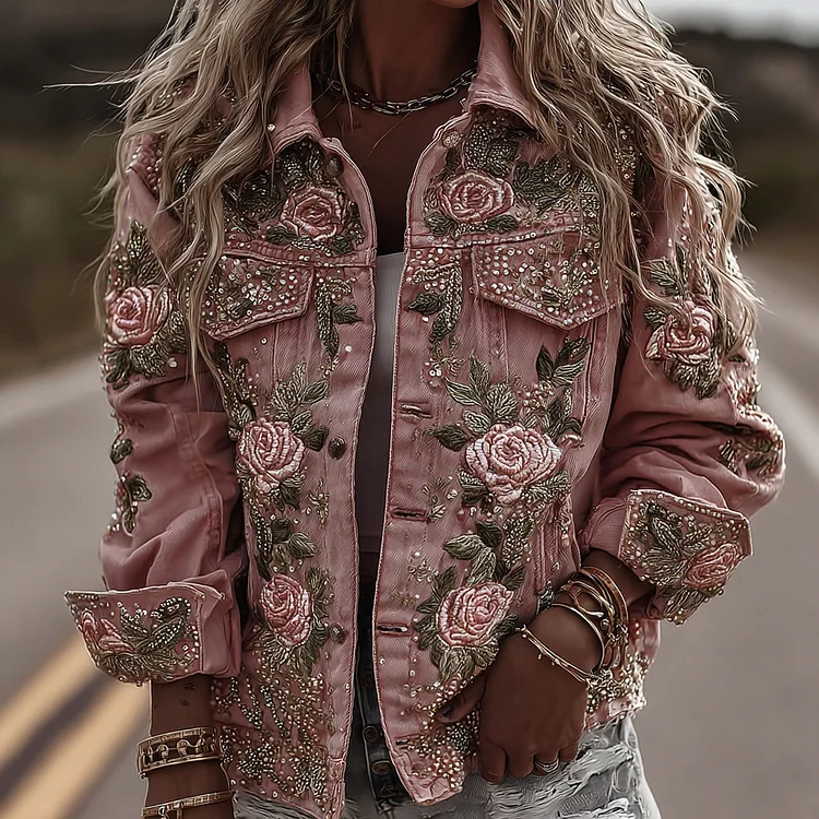 Vintage Romantic Pink Roses Embroidery Denim Jacket