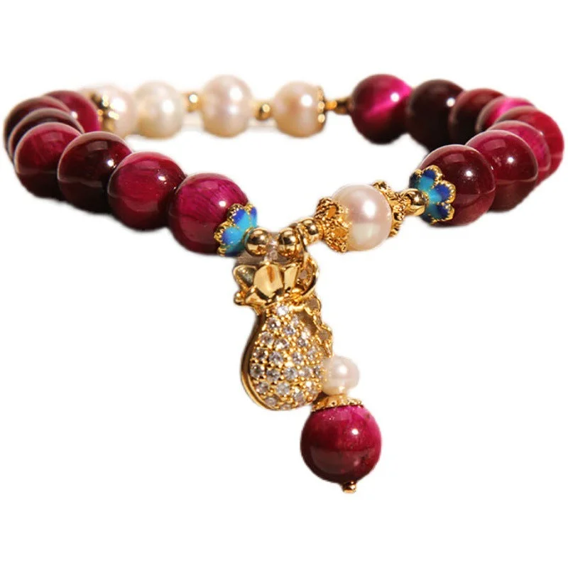 Natural Tiger Eye Stone Pearl Money Bag Wealth Lucky Bracelet