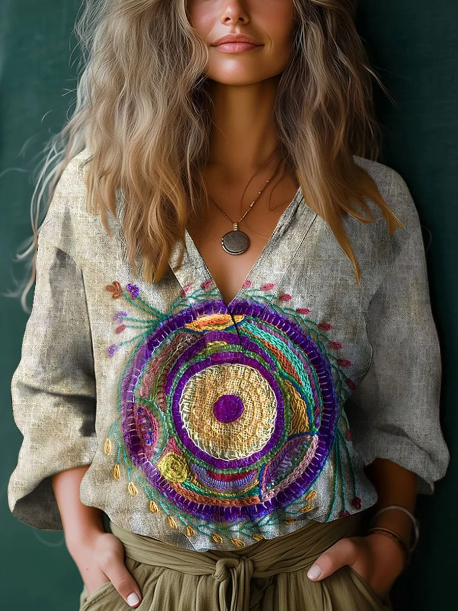 Women's Vintage Floral Art Print Casual Cotton And Linen V-neck Shirt