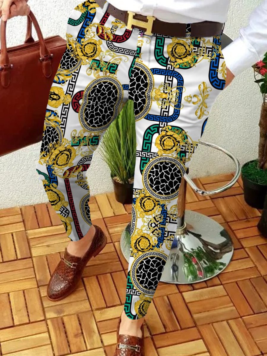Men's Casual Abstract Contrast Color Geometric Print Textured Suit Pants