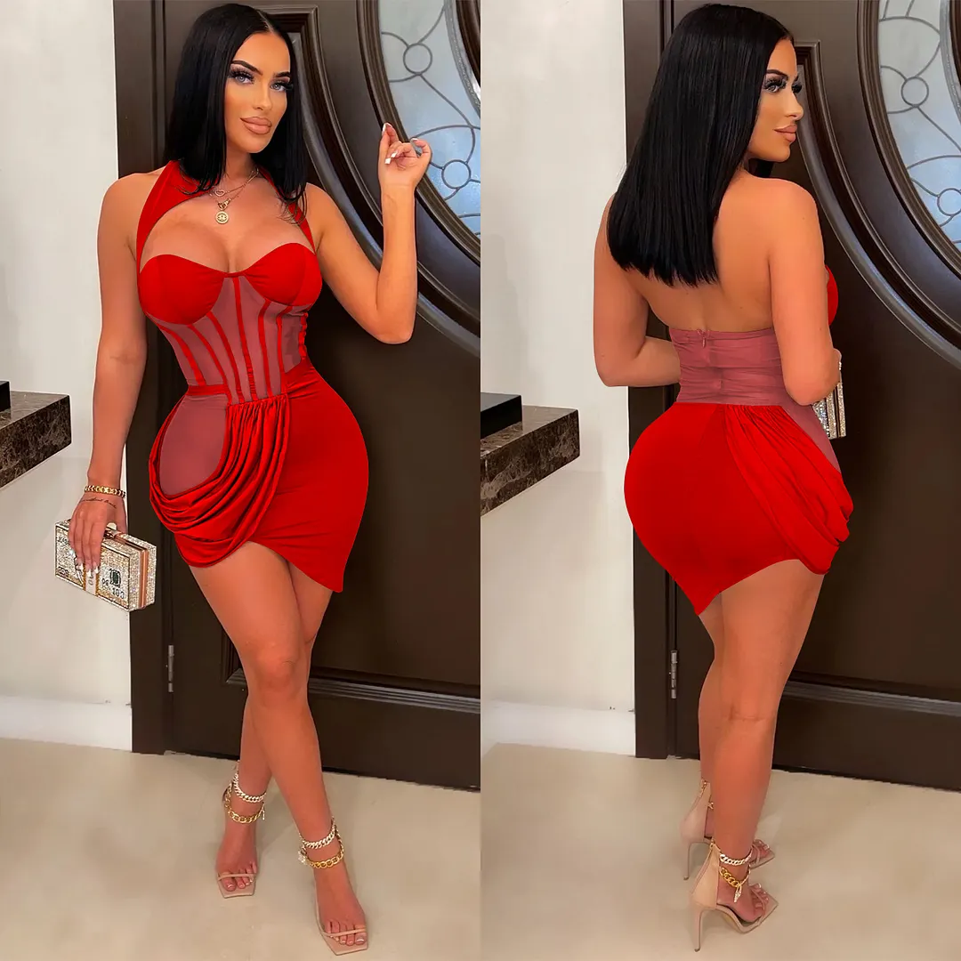 Churchf Churchf New Pure Color Mesh Gauze Perspective Wrapped Chest Wrinkles Irregular Short Dress Dress Female