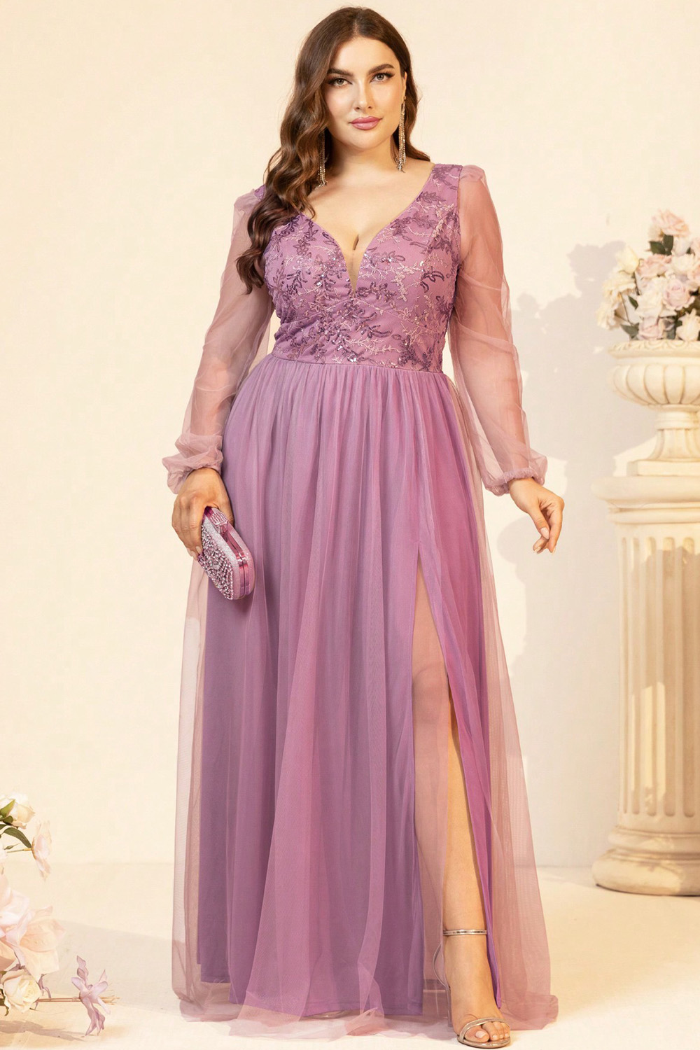 Plus Size Prom Pink Mesh Sequin Embroidery Long Sleeve Slit Maxi Dress 2024 - Flycurvy 