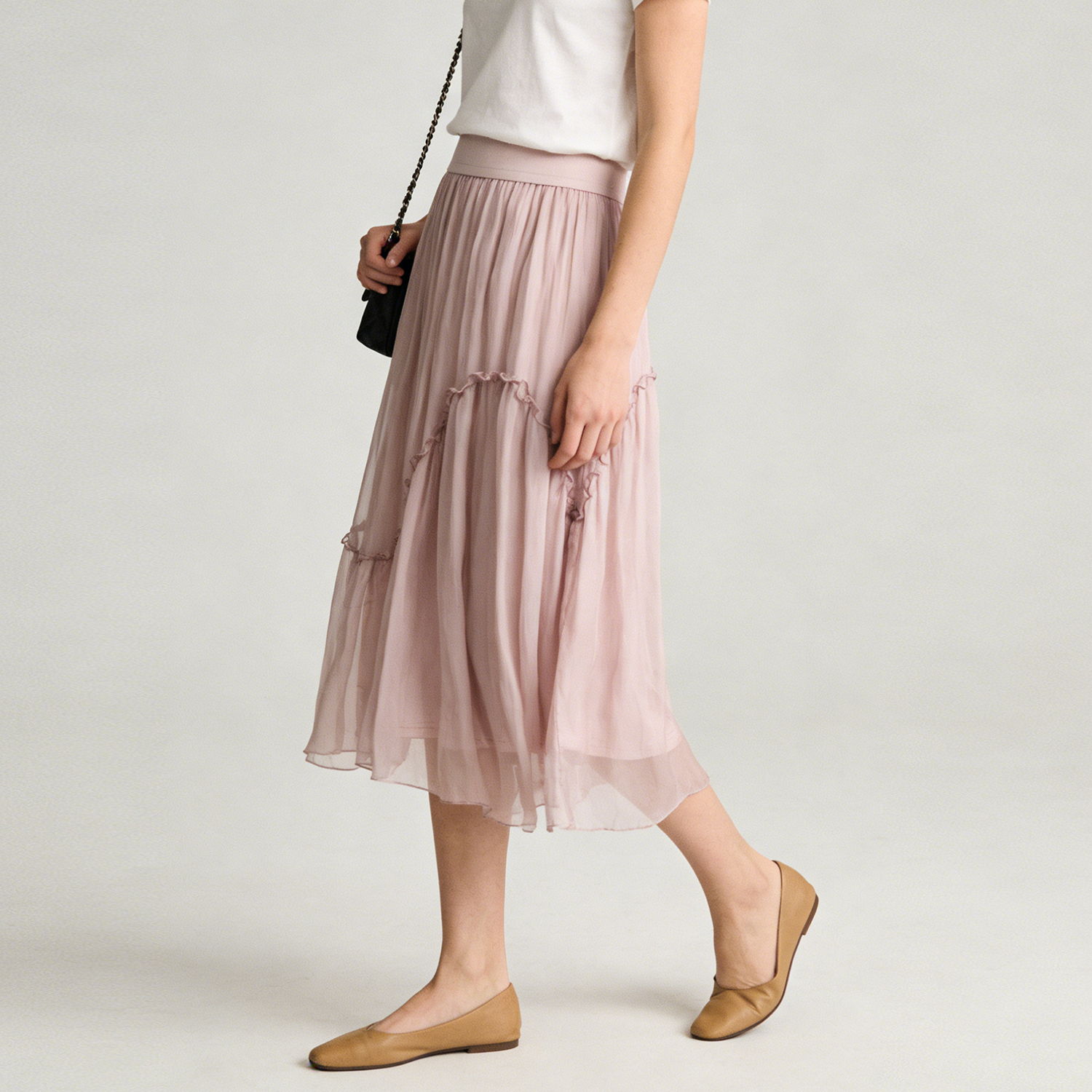 Light Pink Silk Skirt with Irregular Flounces for Romantic Date REAL SILK LIFE