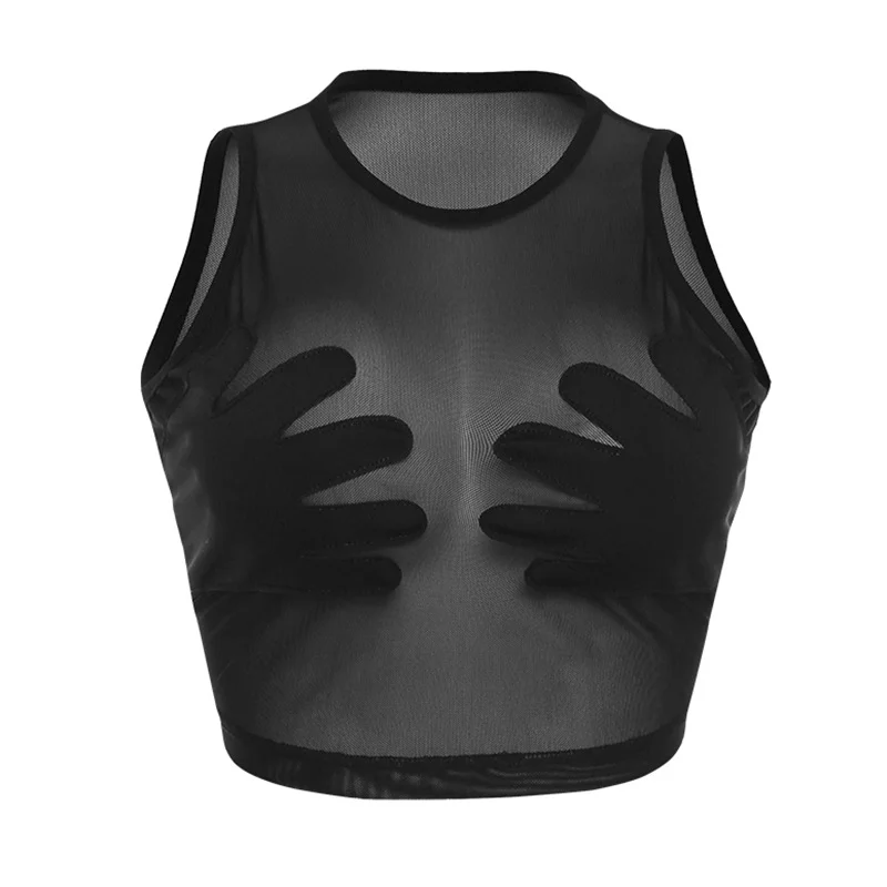 Ueong Summer New Women's Round Collar Sleeveless Perspective Mesh Stitching Palm Creative Small Vest Woman