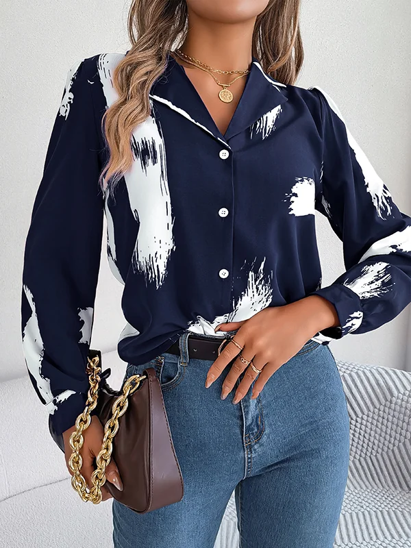 Buttoned Printed Long Sleeves Loose Notched Collar Blouses&Shirts Tops