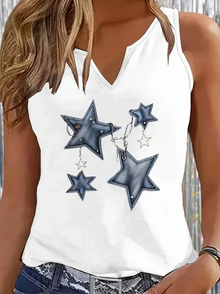 Women's Black Sleeveless V-Neck Tank Top With Star And Moon Design - Casual Summer Top For Spring And Fall, Casual Wear Top | Vneck Tank Top | Decorative Top, Stars Tank To