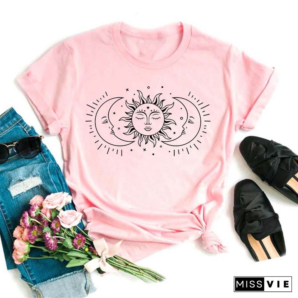 Maycaur Women Harajuku T Shirt New Moon Star Printed T Shirt O-Neck Summer Short Sleeve Tees Women Clothes Graphic T Shirts
