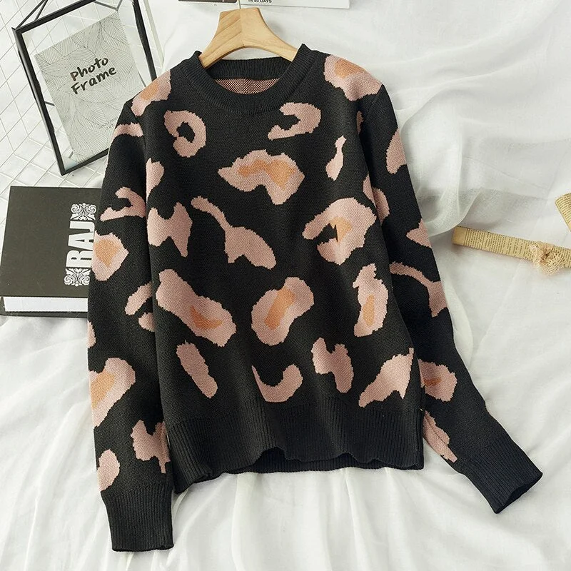 Sweaters Women Printed Leopard Pink Sweet New Knitted Warm Chic Womens Pullover All-match Casual Soft High Quality Daily Ulzzang