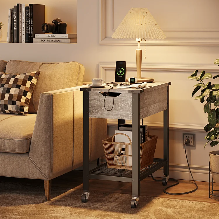 Bestier End Table Nightstand with Charging Station & Removable Laptop Desk & Wheels, Gray