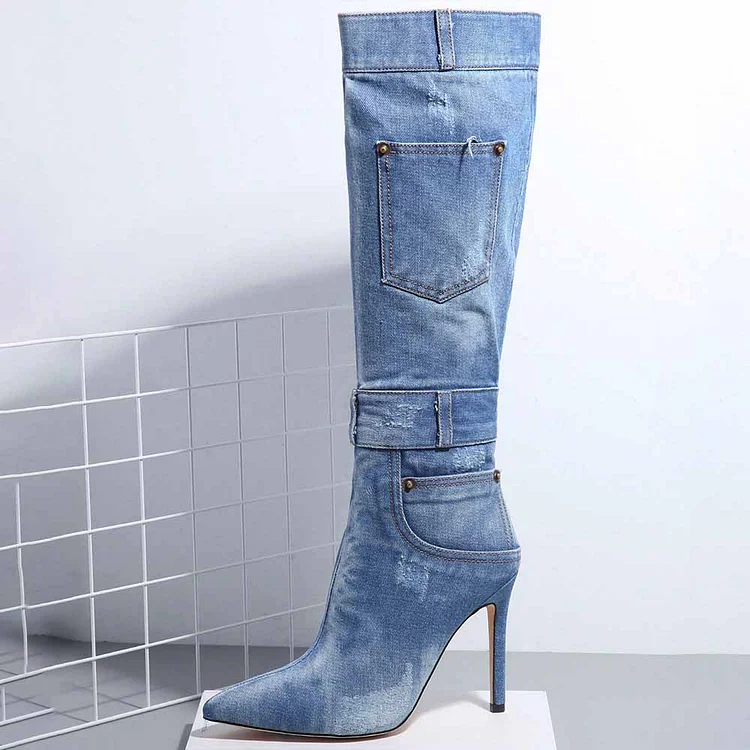 Women's Fashion Pointed Toe Shoes Stiletto Heel Zip Denim Boots |FSJ Shoes