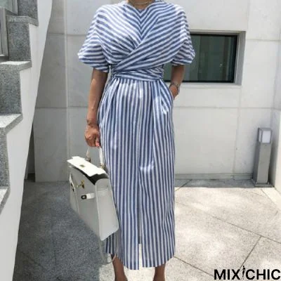 Fashion Striped Cross Lace-Up Dress Waist Front Split Skirt