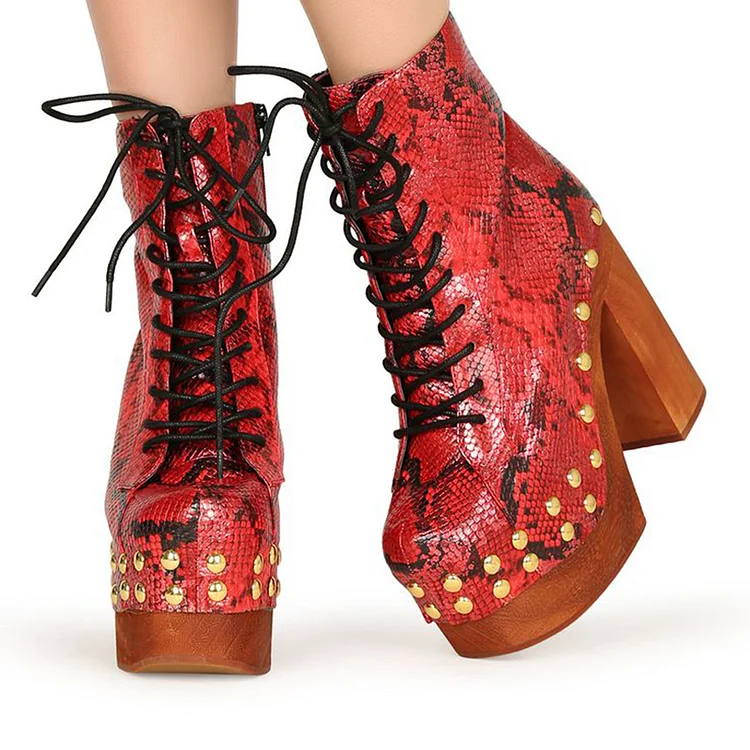 Red Platform Ankle Boots Elegant Lace Up Chunky Heel Snakeskin Shoes |FSJ Shoes