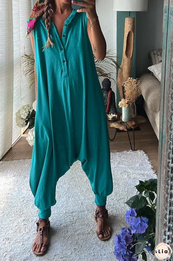 Let's Chill Pocketed Half Button Hooded Loose Jumpsuit