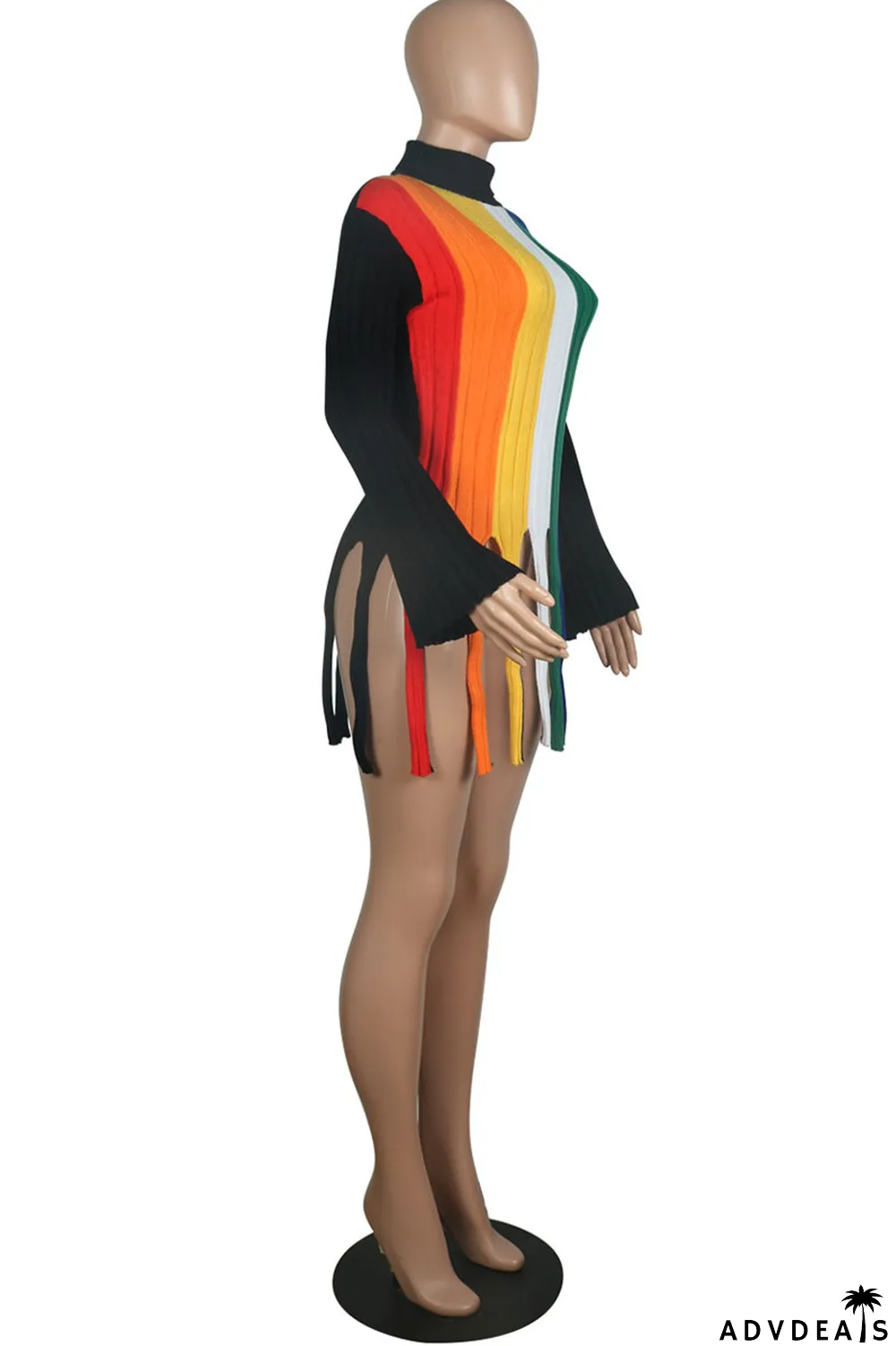 Colour Fashion Street Striped Tassel Split Joint O Neck Tops