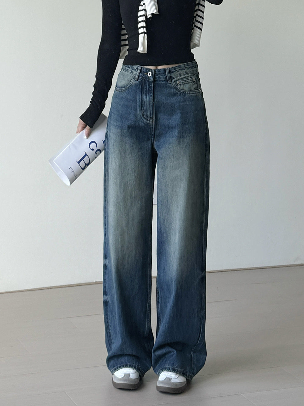 outfit inspo 2024 Autumn New Hong Kong Style High Temperament Denim High Waist Retro Wide Leg Pants Straight Mop Pants for Women