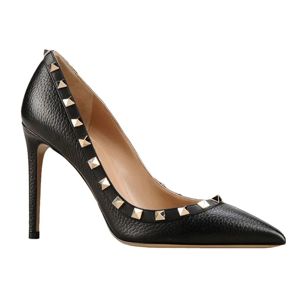 100mm Women's Sexy Pointy Toe Studs Stilettos High Heels Rivets Shoes Black Lines-vocosishoes