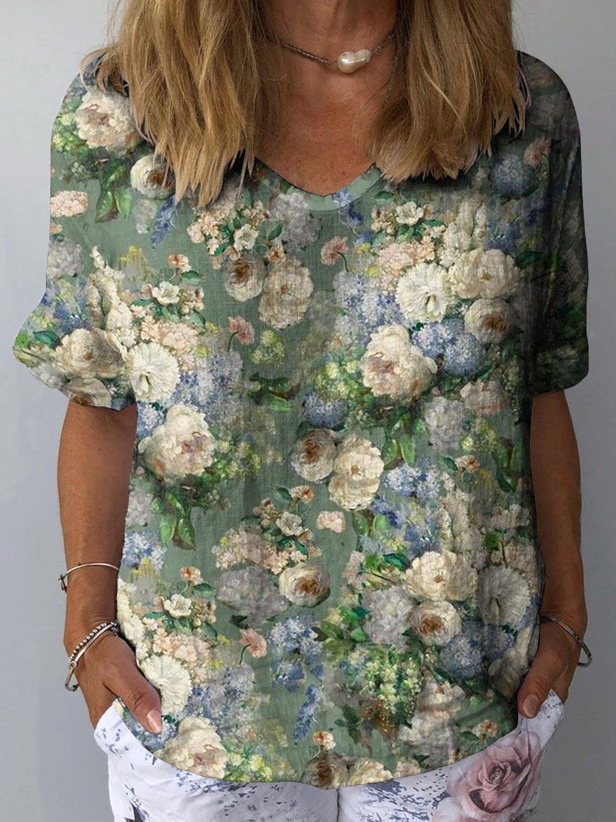 Women's Retro Floral Art Print Casual Cotton And Linen Shirt