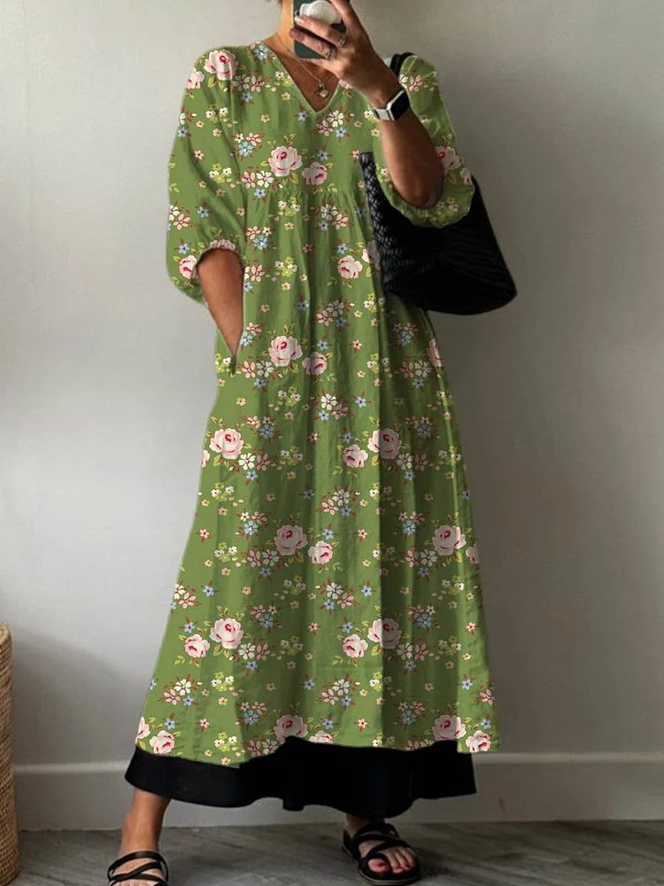 Women's Vintage Lovely Floral Art Print Pocket V-neck Cotton Dress