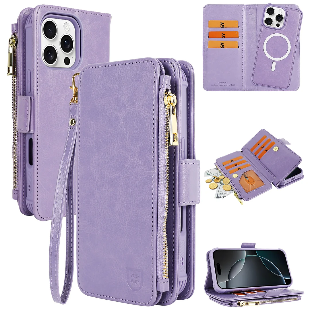 VANAVAGY Compatible for iPhone 16 Pro Wallet Case with RFID Blocking Card Holder for Magsafe, PU Leather Magnetic Strap Wallet Detachable Phone Case with Kickstand for 16 Pro 6.3inch